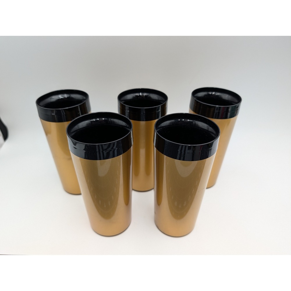 Thermo Serv Tumblers Gold Black Vintage Double Wall Insulated‎ Set of 5 USA